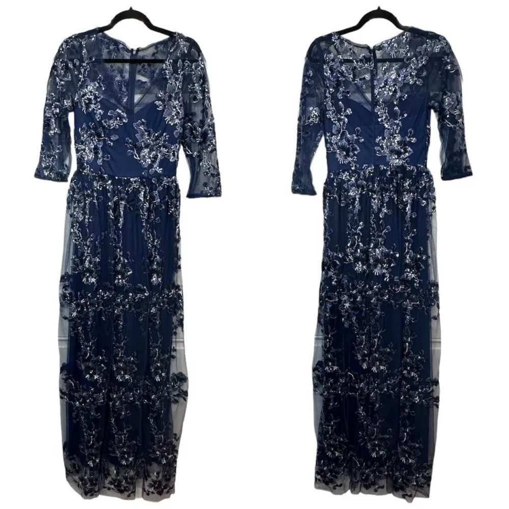 NWT Carmen Marc Valvo Infusion Blue Embroidered Tulle Gown Formal 4